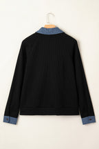 Black Textured Knit Denim Patchwork Button Polo Collar Long Sleeve Top