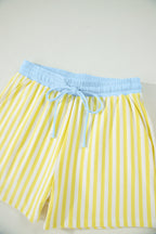 Yellow Stripe Colorblock Trim V Neck Tee Drawstring Elastic Waist Short Set