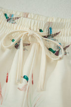 Beige Mallard Duck Print Oversized Tee Drawstring Short Set