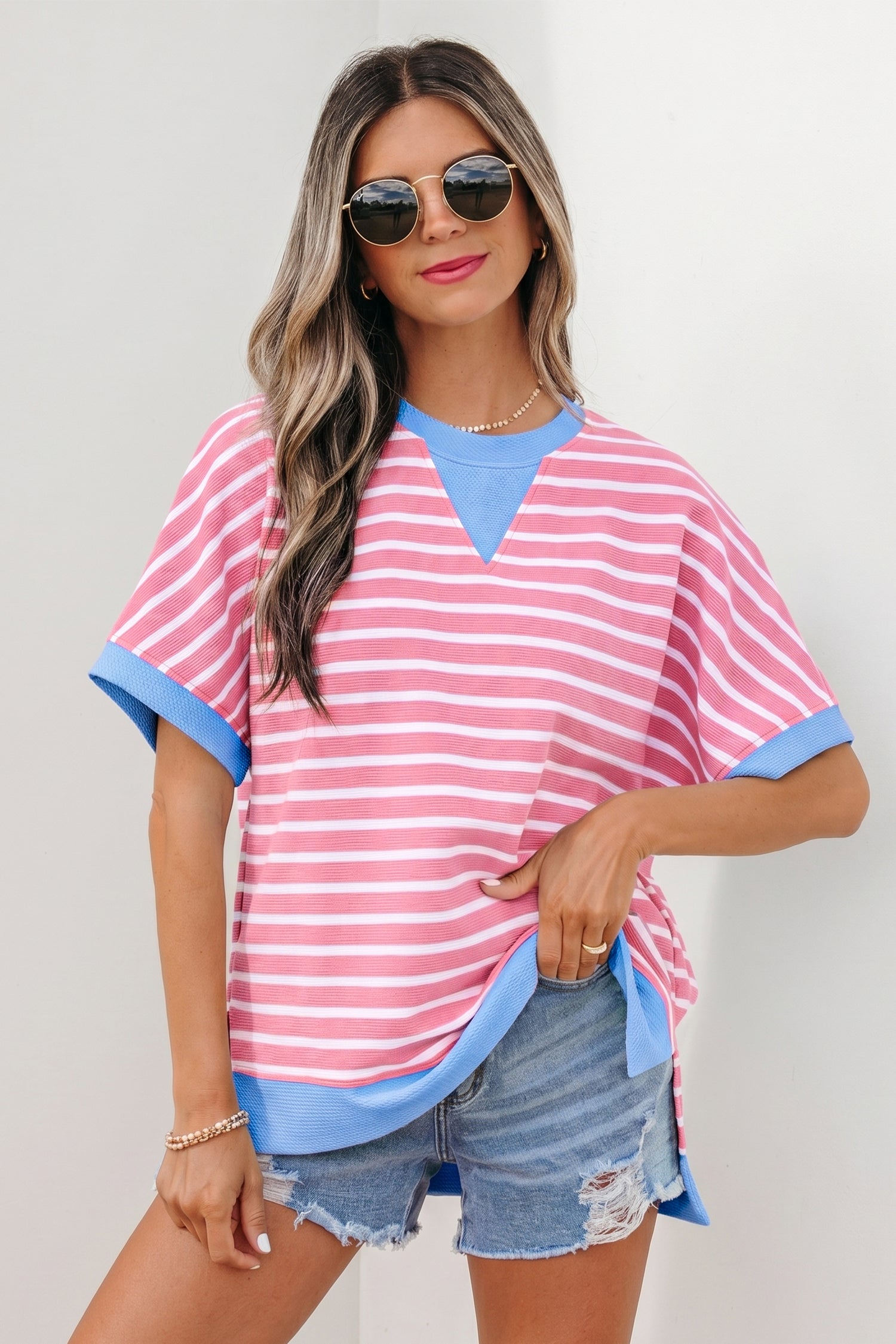 Striped Contrast Trim Loose Short Sleeve Top