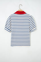 Striped Short Puff Sleeve Colour Block Polo Collar Blouse