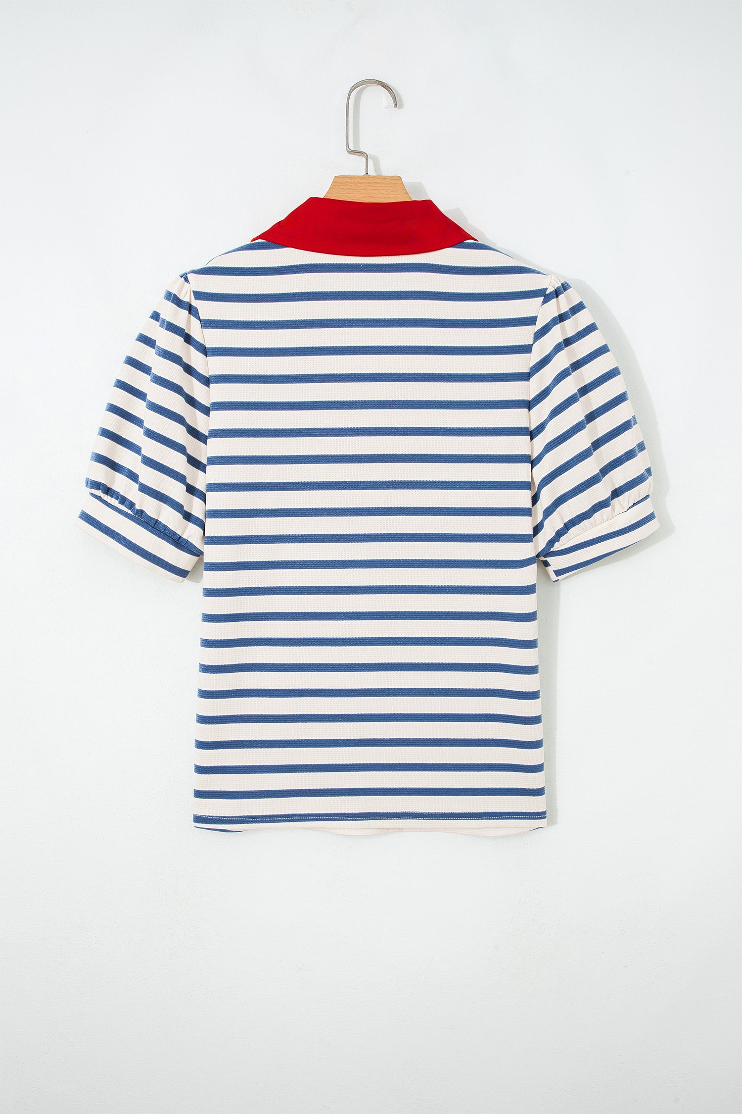 Striped Short Puff Sleeve Colour Block Polo Collar Blouse