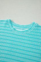 Striped Raised Rib Loose Tee Drawstring Elastic Waist 2pcs Short Set