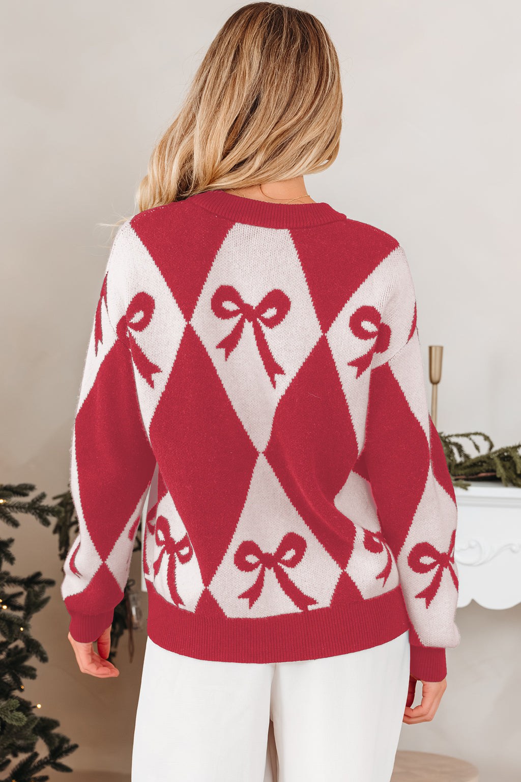 Bow Print 2-tone Rhombus Knit Loose Sweater