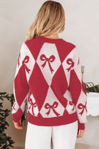 Bow Print 2-tone Rhombus Knit Loose Sweater