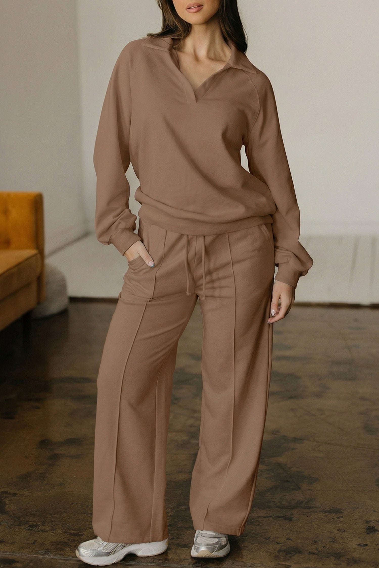 Polo Collar V Neck Pullover and Drawstring Sweatpants Set