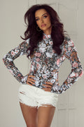 Floral Long Sleeve High Neck Sheath Mesh Blouse