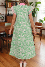 Floral Print Color Block Patchwork V Neck Short Sleeve Midi Dress