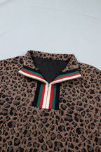 Brown Leopard Jacquard Striped Patchwork Half Zip Short Sleeve Blouse
