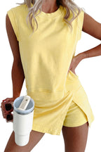 Yellow Cream 2 Pieces Mineral Wash Cotton Tank Top Lined Split Skort Set
