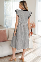 Striped Double Ruffled Short Sleeve Contrast Trim V Neck Midi Dress