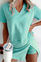 Mineral Wash V Neck Tee Matching Skort Set