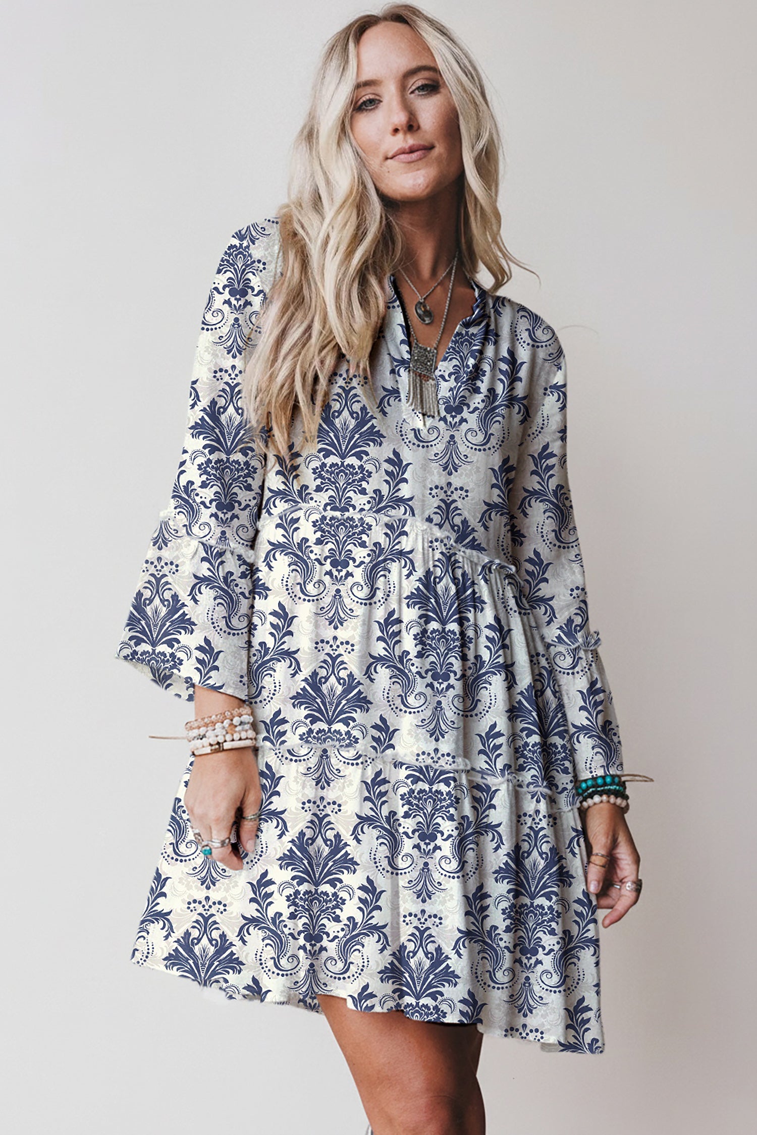 Boho Floral Print Lettuce Trim 3/4 Sleeve Mini Dress
