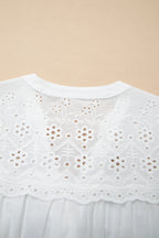 White Flower Eyelet Embroidered Patchwork Sheer Short Sleeve Shirt