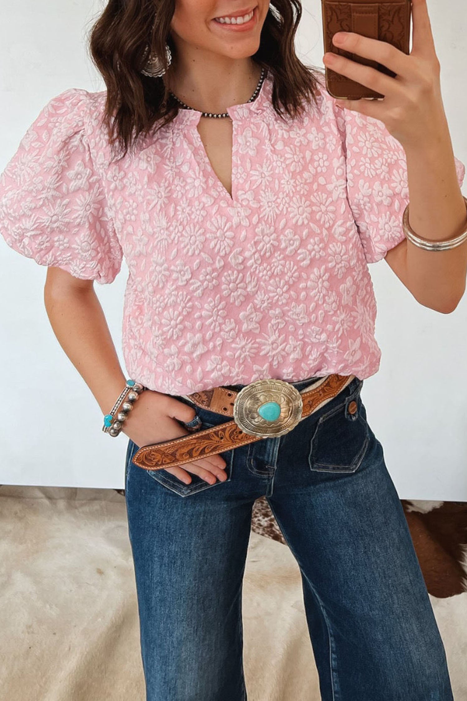 Floral Textured Jacquard Puff Sleeve Blouse