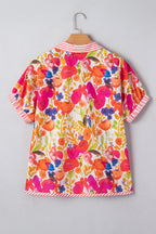 Rose Striped Trim Collared V Neck Short Sleeve Floral Print Blouse