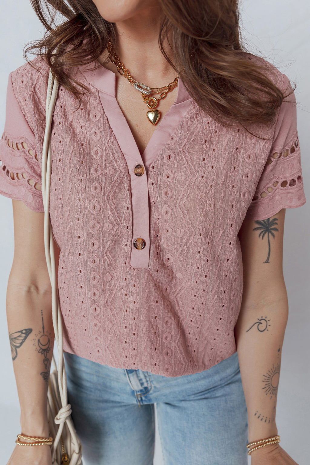 Fuchsia Textured Embroidered Half Buttons Short Sleeve Blouse