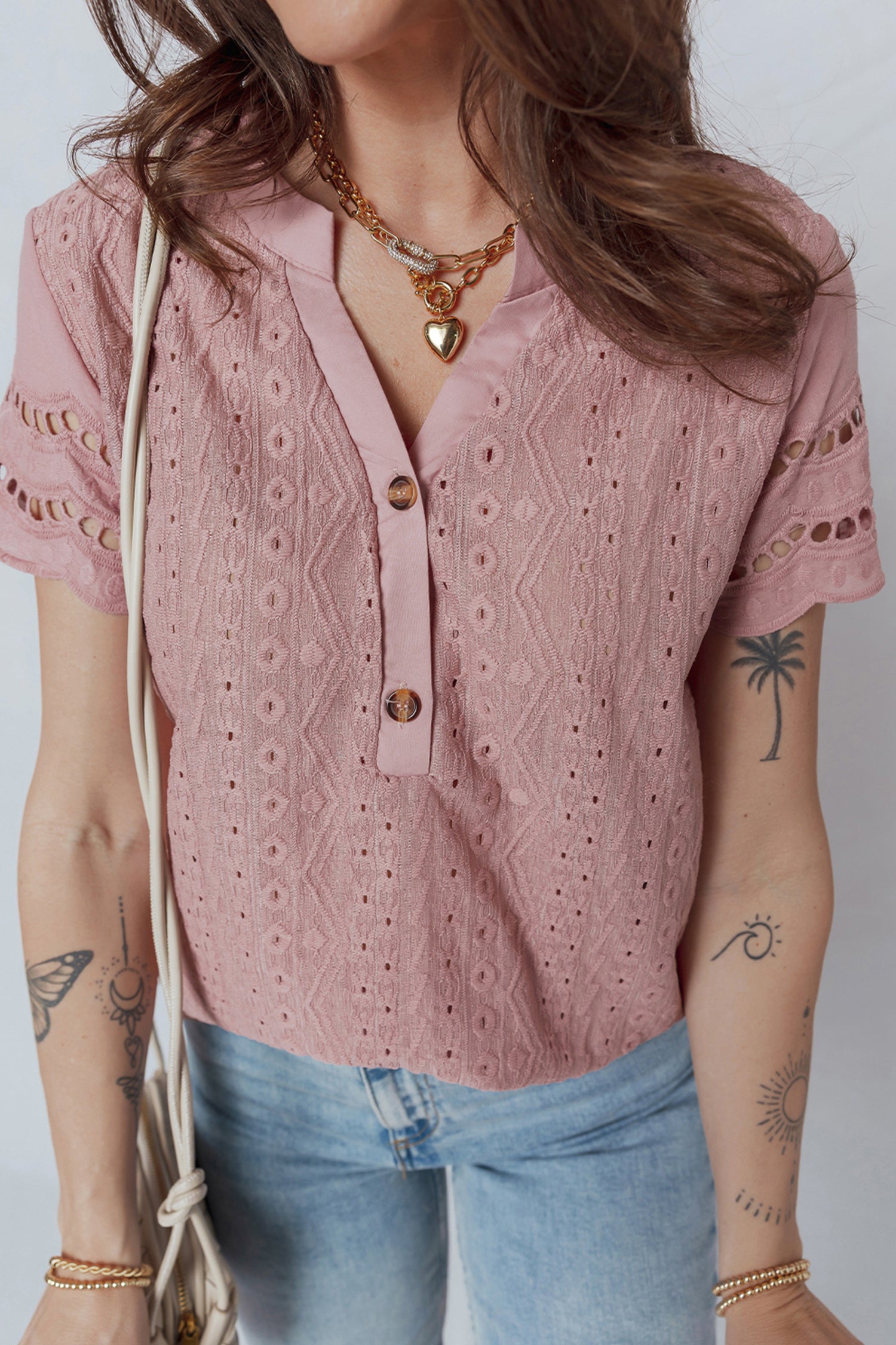 Fuchsia Textured Embroidered Half Buttons Short Sleeve Blouse