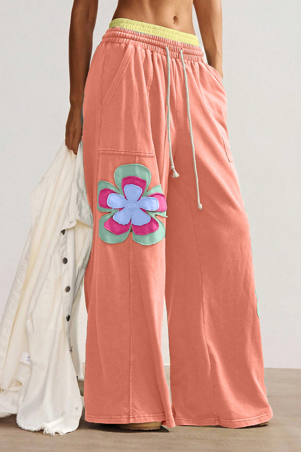 Colour Block Flower Patchwork Drawstring Contrasted Elastic Waist Wide Leg Pants
