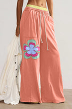 Colour Block Flower Patchwork Drawstring Contrasted Elastic Waist Wide Leg Pants