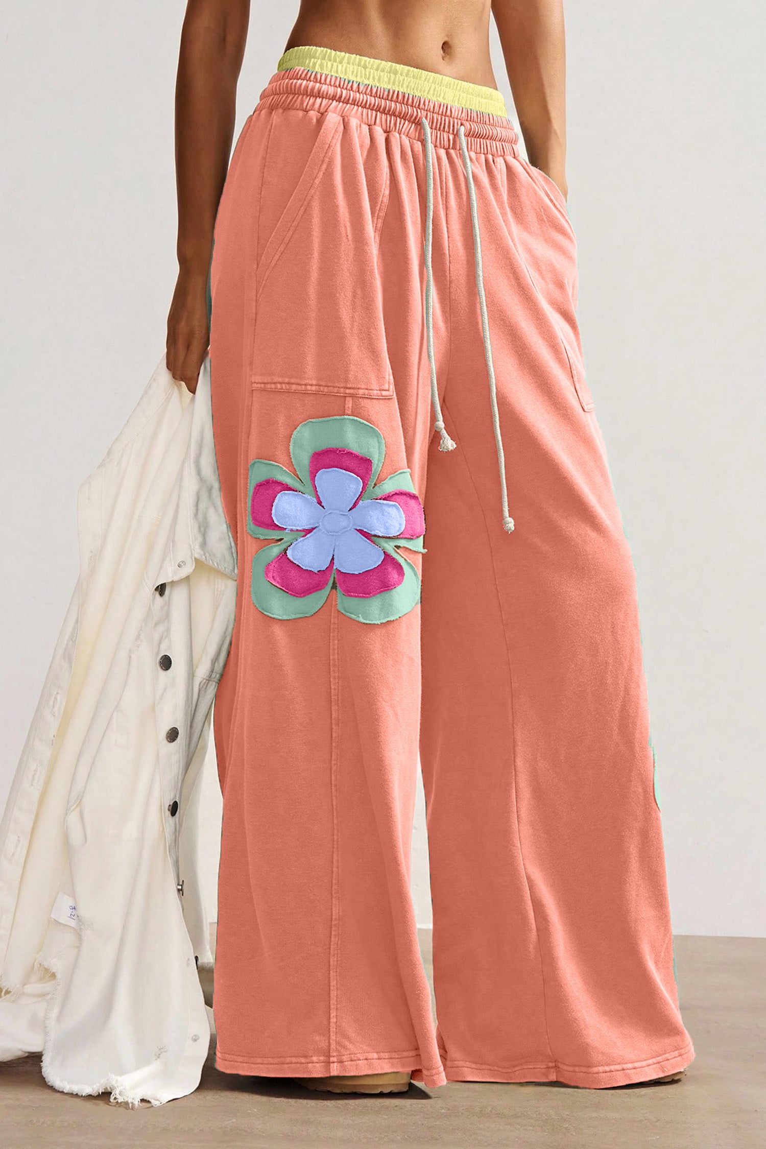 Colour Block Flower Patchwork Drawstring Contrasted Elastic Waist Wide Leg Pants