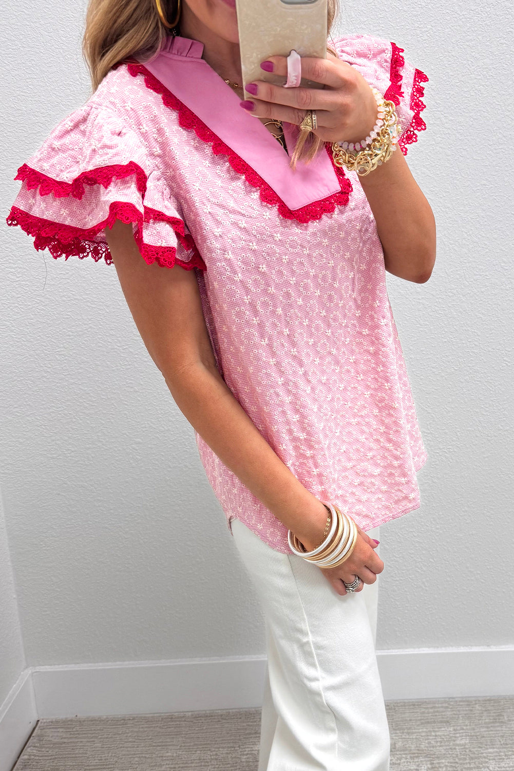 Eyelet Embroidered Flower Texture Contrast Lace Trim Flutter Sleeve Blouse