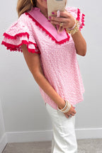 Eyelet Embroidered Flower Texture Contrast Lace Trim Flutter Sleeve Blouse