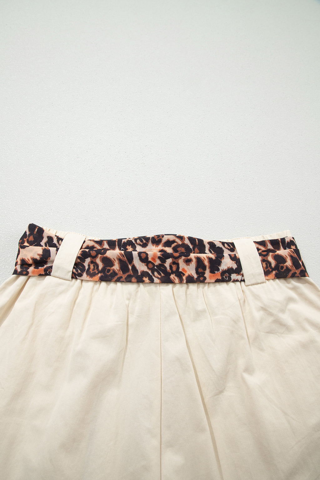Leopard Contrast Sash Belt Pleated Wide Leg Shorts