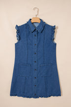 Sail Blue Ruffled Edge Collared Shift Denim Dress with Pockets
