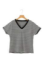 Black Striped Print V Neck Delicate Trim Casual Tee