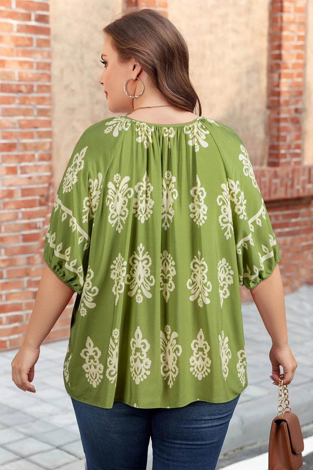Boho Chic Notched V Neck Plus Floral Short Sleeve Top