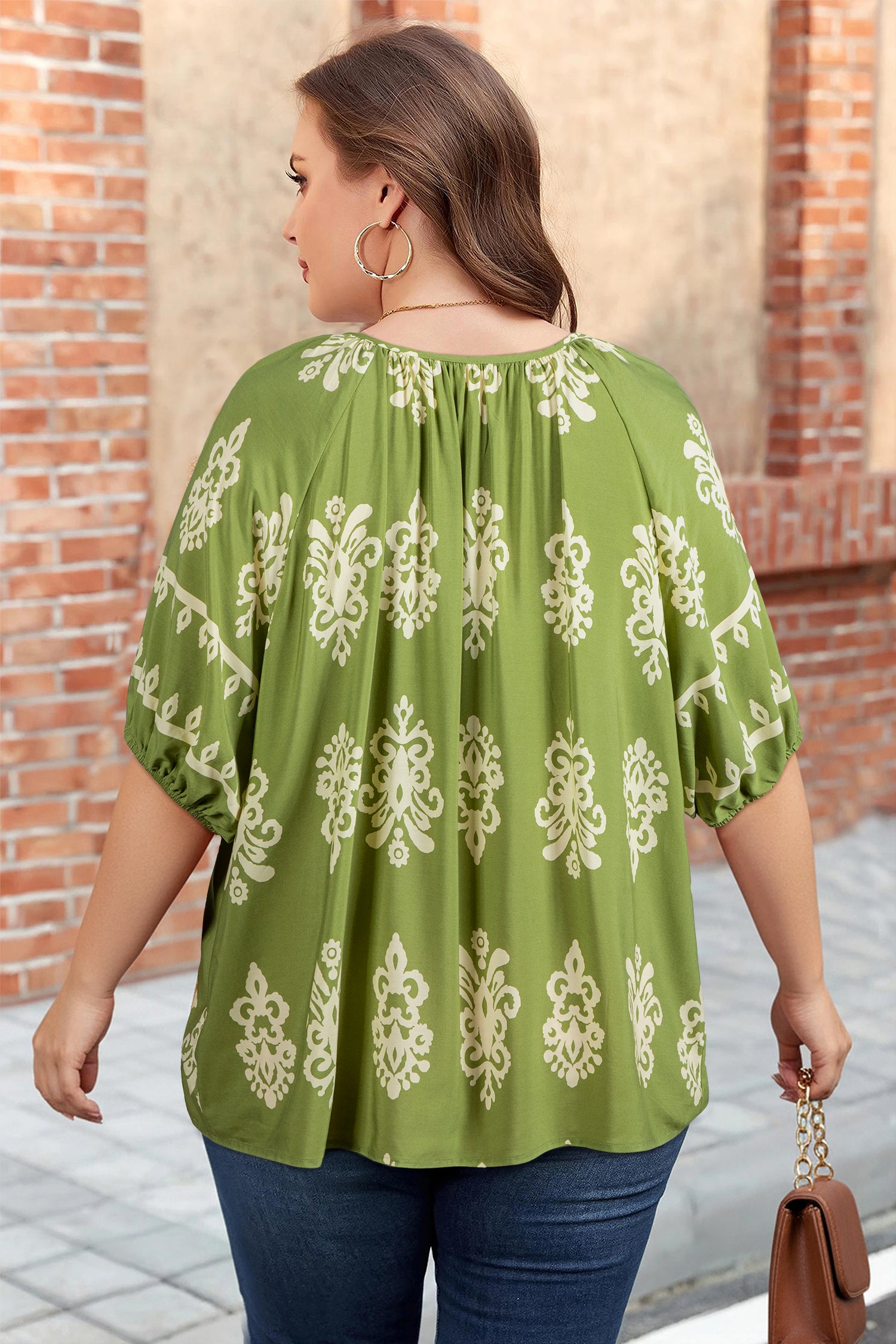 Boho Chic Notched V Neck Plus Floral Short Sleeve Top