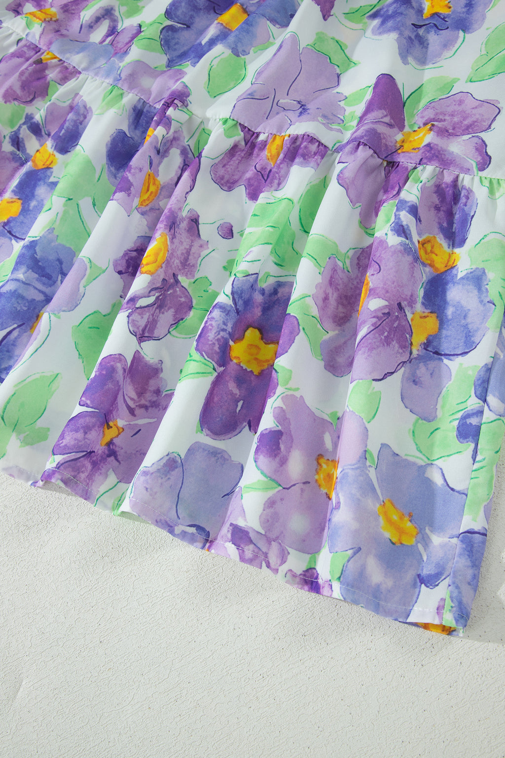 Purple Floral V Collar Short Sleeve Tiered Ruffle Mini Dress