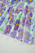Purple Floral V Collar Short Sleeve Tiered Ruffle Mini Dress