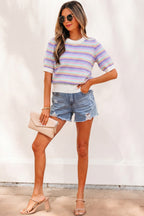 Abstract Striped Knit Short Sleeve Sweater