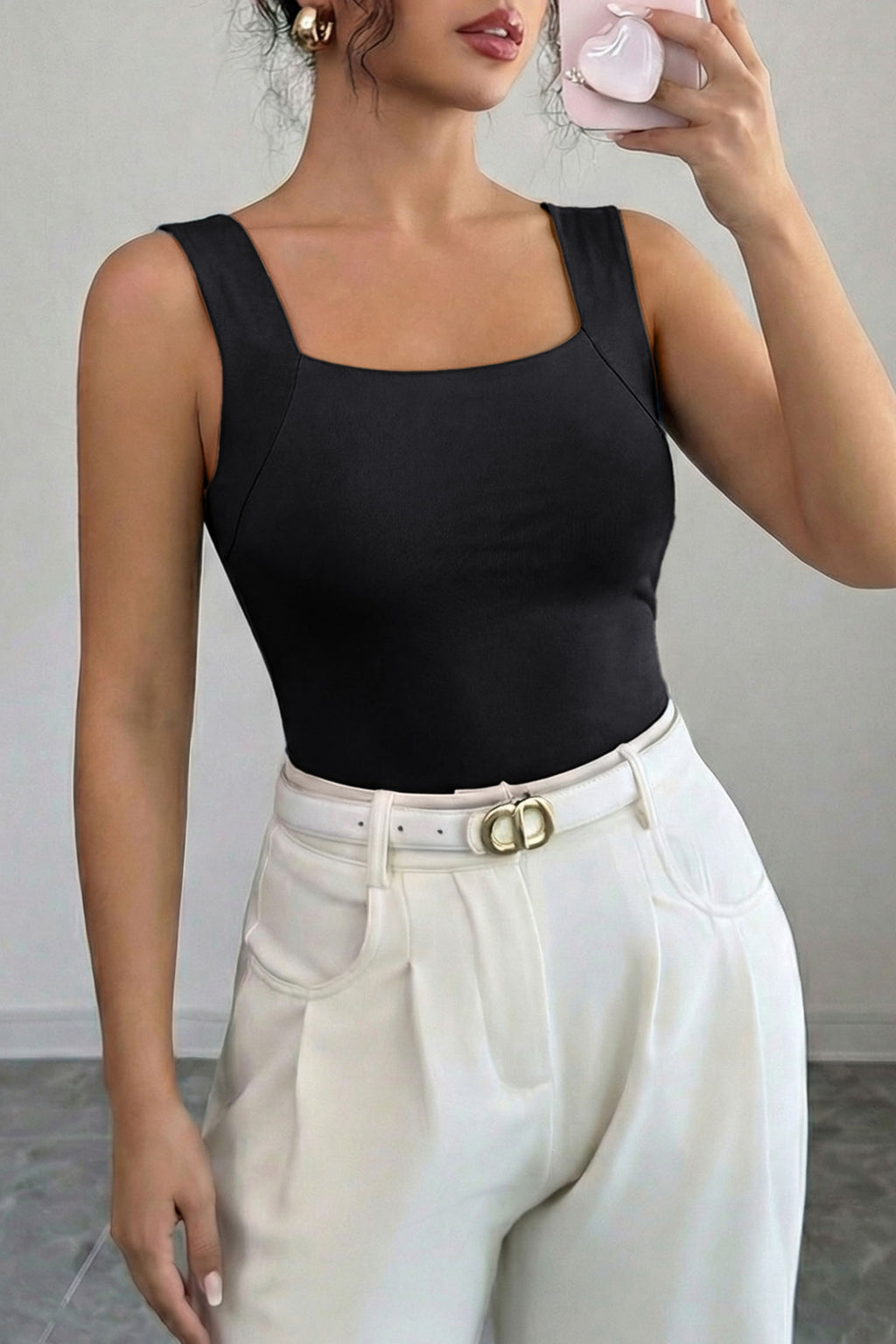 Solid Colour Wide Strap Splicing Athleisure Tank Top