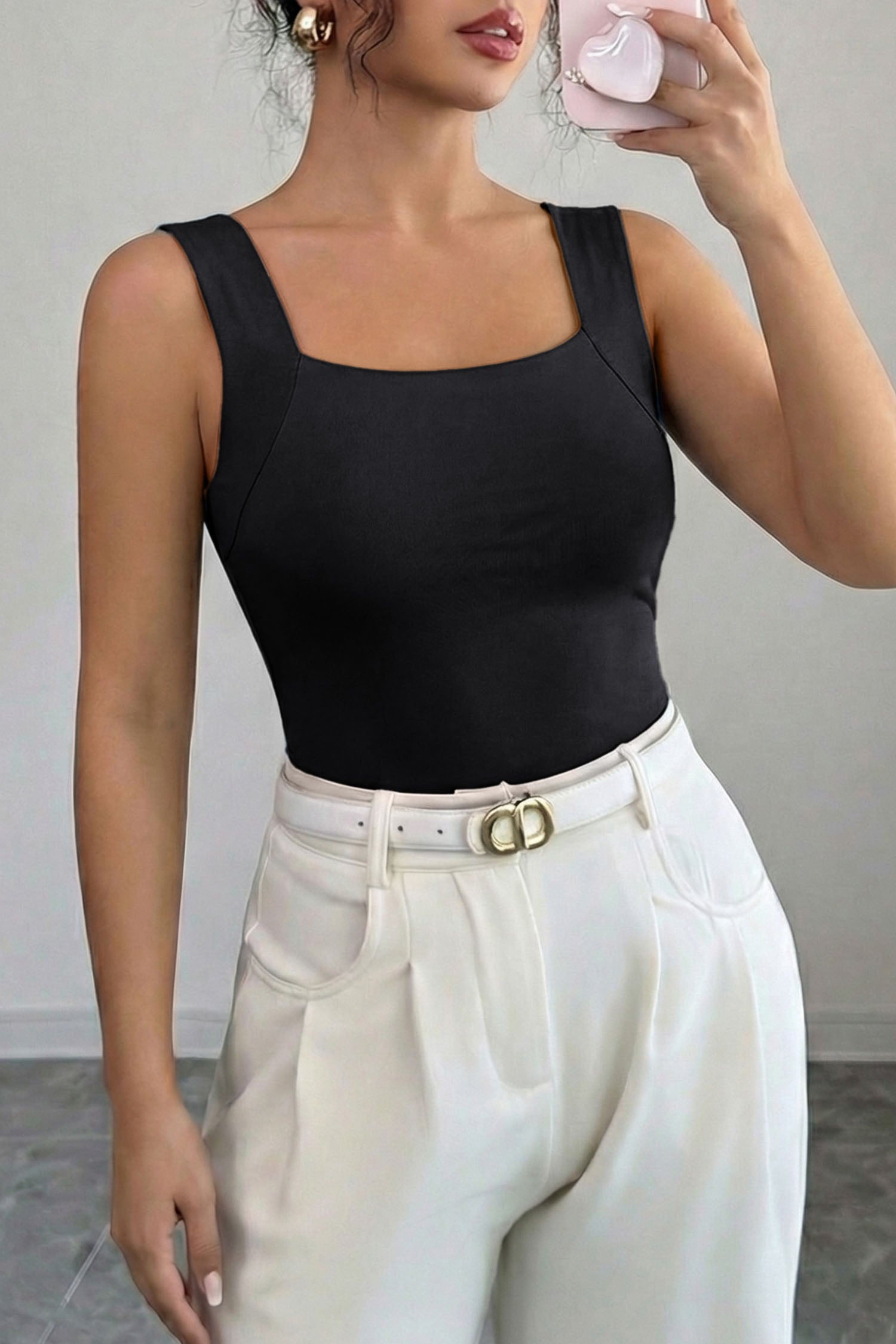 Solid Colour Wide Strap Splicing Athleisure Tank Top