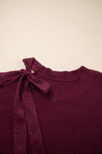 Burgundy Lace Bowknot Asymmetric Neck Sweater
