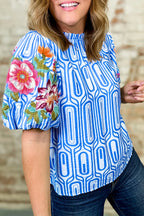 Sky Blue Unique Geometry Print Floral Embroidered Puff Sleeve Blouse