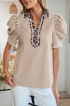 Stripe Ricrac Trim Short Puff Sleeve Leopard Patchwork Collar V Neck Blouse