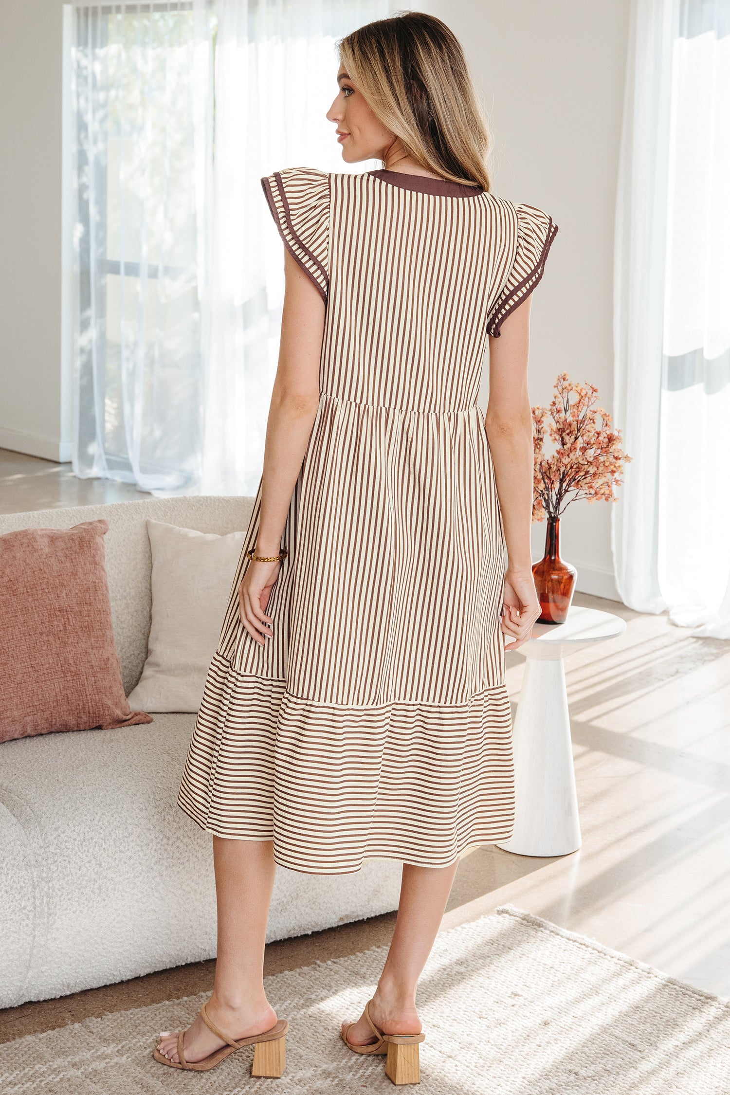 Striped Double Ruffled Short Sleeve Contrast Trim V Neck Midi Dress