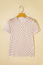 Khaki Checkered Print Mock Neck Mesh T Shirt