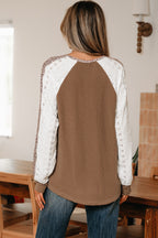 Twisted Ribbed Leopard Lace Contrast Patchwork Long Sleeve Top