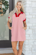 Striped Quarter Zip Polo Collar T Shirt Dress with Pockets