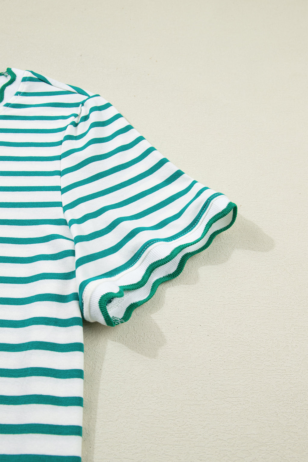 Striped Scalloped Trim Round Neck T Shirt