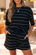 Striped Half Sleeve Tee Drawstring Shorts 2pcs Set