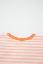 Pink Stripe Contrast Neck Loose Tee and Drawstring Shorts Set