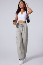 Light Grey Multi Pockets Lace-up High Waist Wide Leg Workout Pants