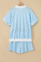 Polka Dot Print Color Block Trim Mock Neck Short Set