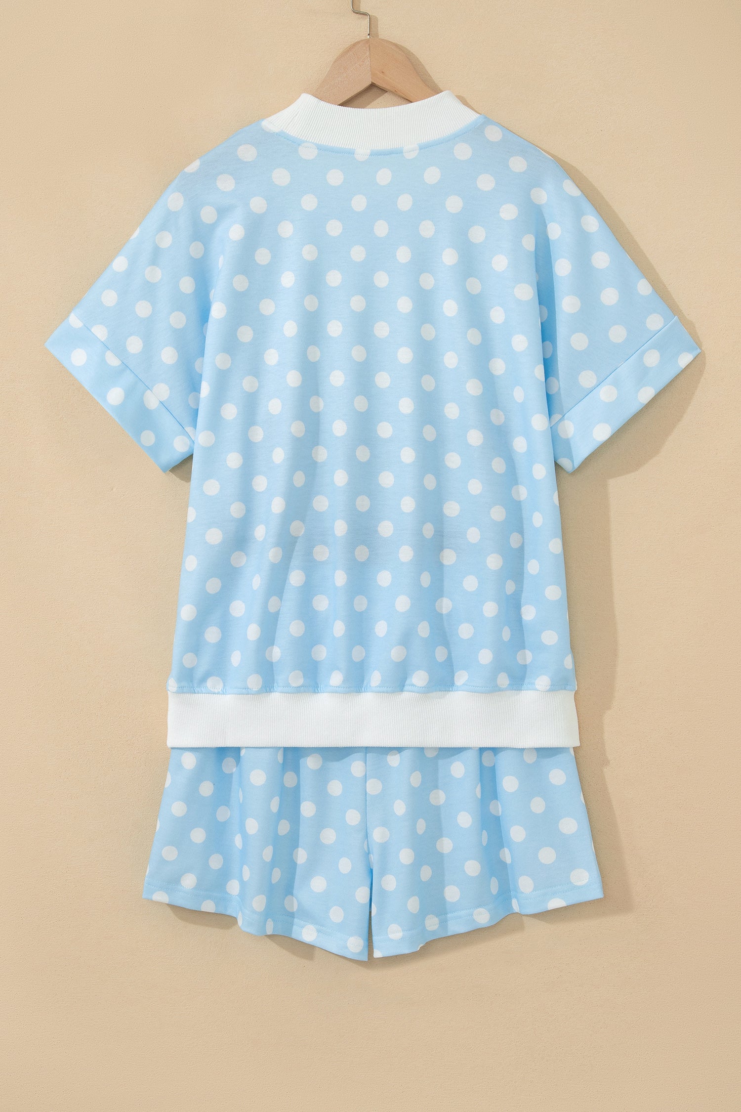 Polka Dot Print Color Block Trim Mock Neck Short Set